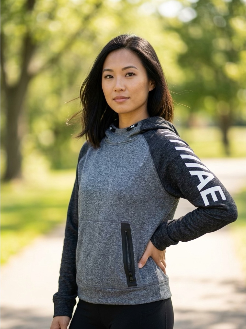 American Eagle Outfitters Gray Pullover Hoodie with Logo Sleeve